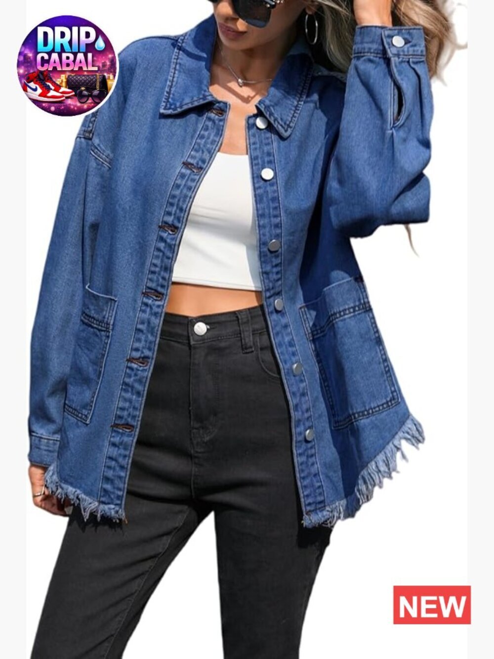 Oversized Denim Jacket Frayed Hem Shacket Button Front Pockets